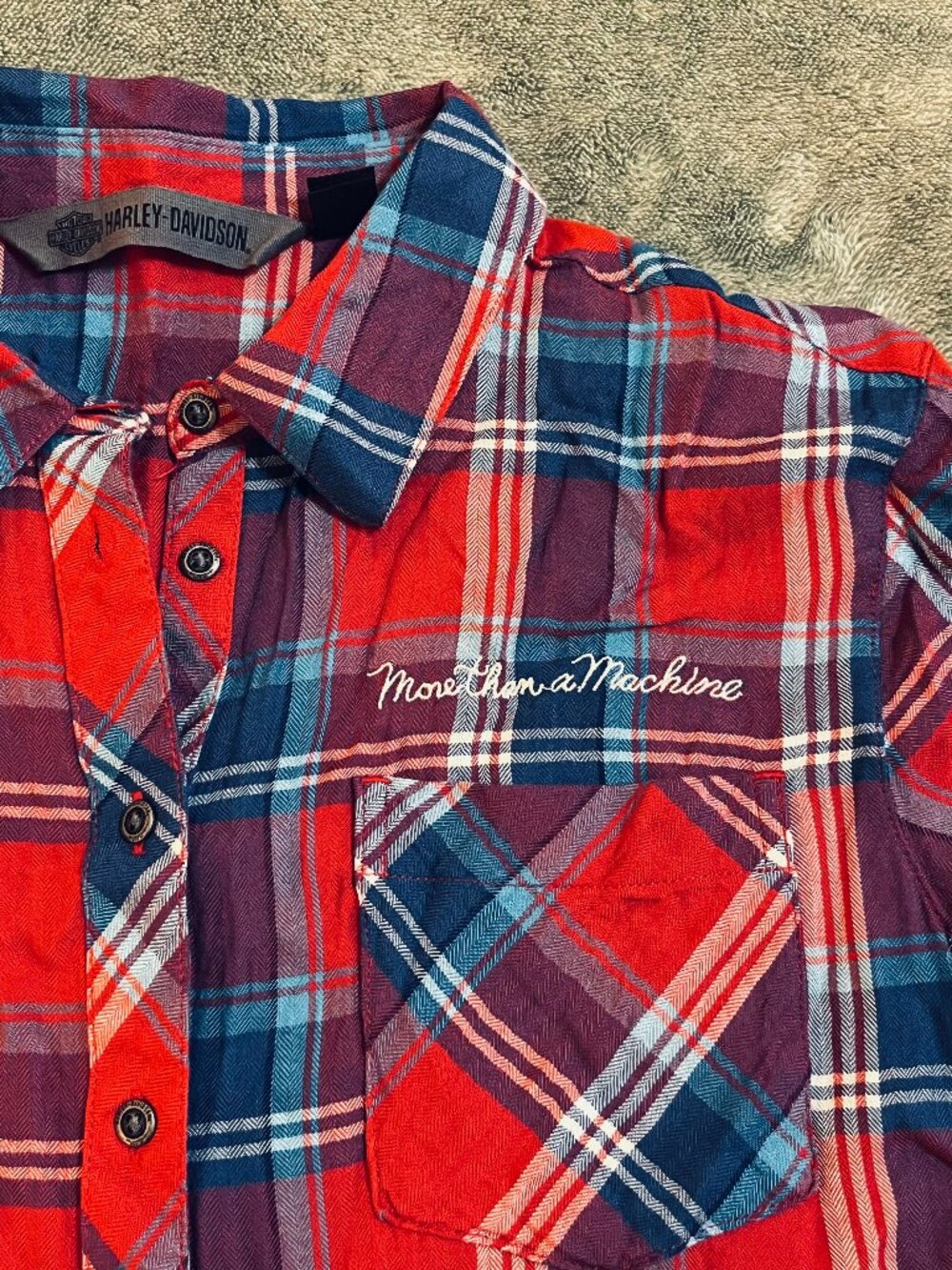 Harley-Davidson Womens Small Plaid Shirt Short Sleeve Patches Back Logo Cotton